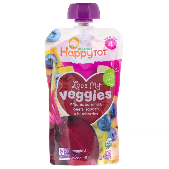 Happy Tot, Love My Veggies, 2+ Years, Organic Bananas, Beets, Squash & Blueberries, 4.22 oz (120 g)