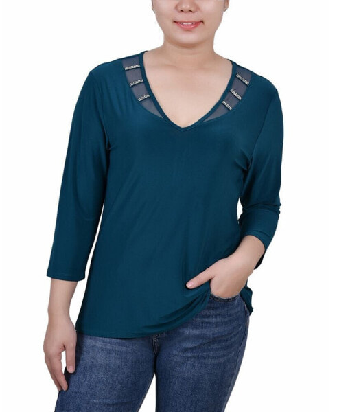 Petite 3/4 Sleeve Top with Illusion Neckline and Stones