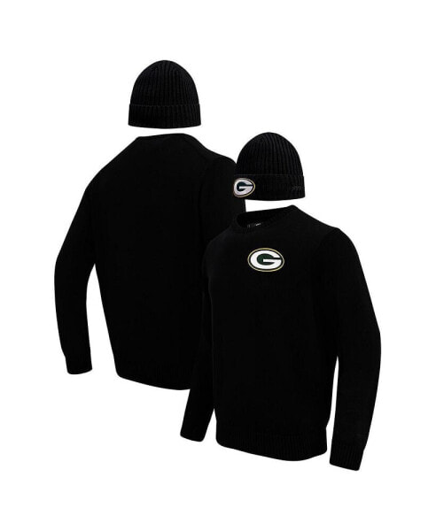 Men's Black Green Bay Packers Crewneck Pullover Sweater and Cuffed Knit Hat Box Gift Set