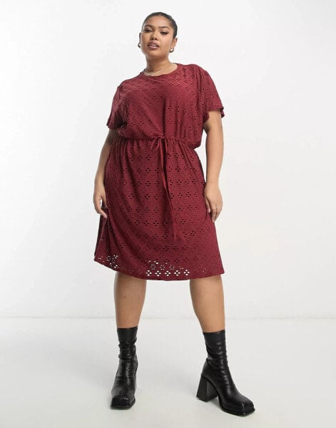 Only curve drawstring waist mini dress in burgundy