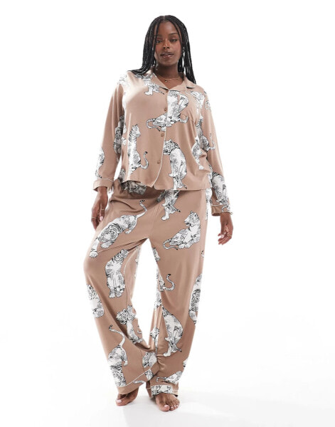 Chelsea Peers Exclusive Curve poly tiger print button long sleeve top and trouser pyjama set in chocolate brown