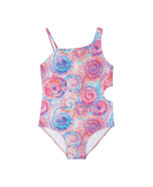 Big Girls Pink Tie Dye Rib Swimsuit