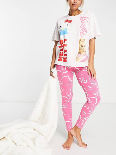 ASOS DESIGN Barbie x Hello Kitty oversized tee & legging pyjama set in pink