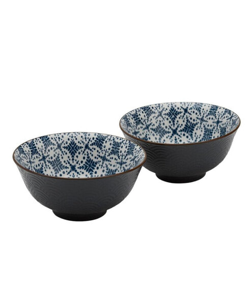 6" Blue Pattern Embossed Stoneware Ramen Noodle Bowls, Set of 2