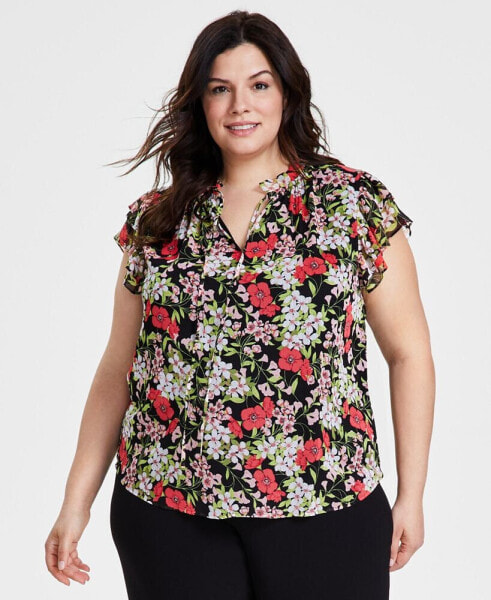 Plus Size Printed Ruffle-Sleeve Tie-Neck Blouse