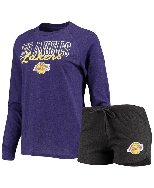 Women's Heathered Black, Heathered Purple Los Angeles Lakers Raglan Long Sleeve T-shirt and Shorts Sleep Set