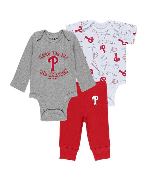 Newborn and Infant Boys and Girls Gray, White, Red Philadelphia Phillies Three-Piece Turn Me Around Bodysuits and Pants Set