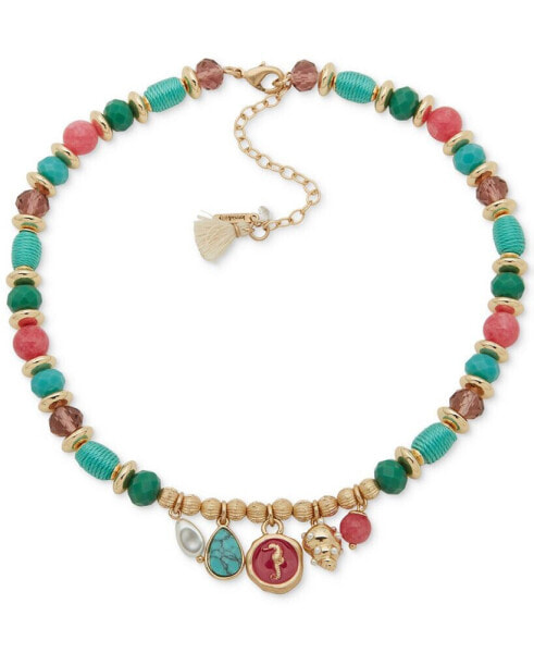 Gold-Tone Mixed Stone & Thread-Wrapped Beaded Sea-Motif Charm Necklace, 16" + 3" extender