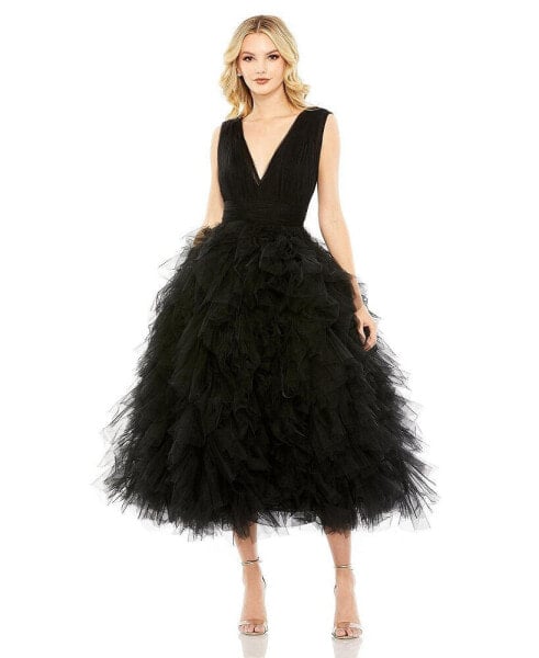 Women's Ruffled Cap Sleeve V-Neck A Line Tulle Dress