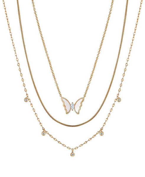 Unwritten cubic Zirconia and Mother of Pearl Inlay Butterfly 3-Piece Layered Necklace Set