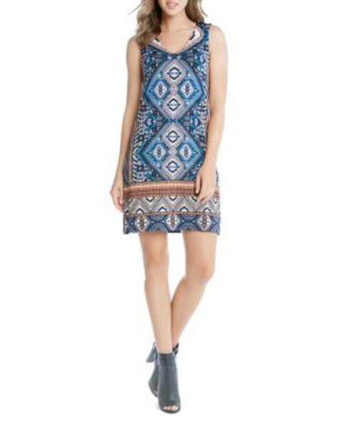 Karen Kane Women's Yucatan Tile Print V Neck Shift Dress Blue Size L