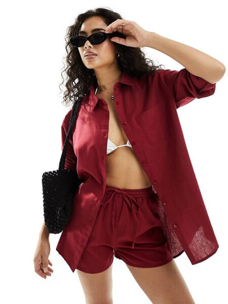 Esmee oversized linen beach long sleeve shirt co-ord in berry red