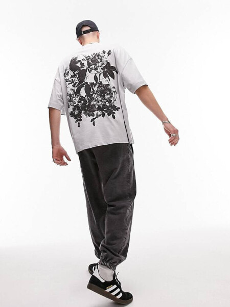 Topman extreme oversized t-shirt with front and back statue floral print in grey