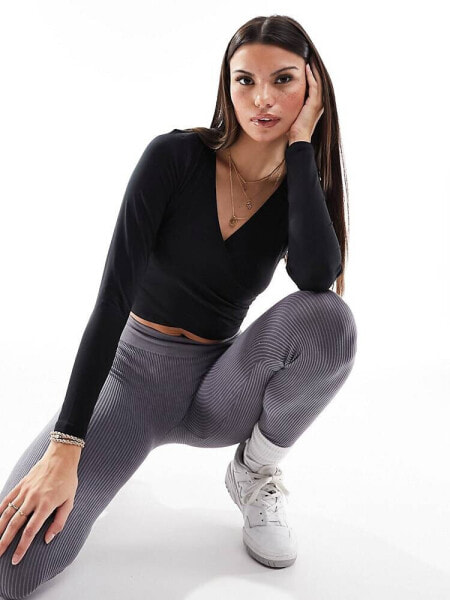 Hollister long sleeve seamless wrap top in black