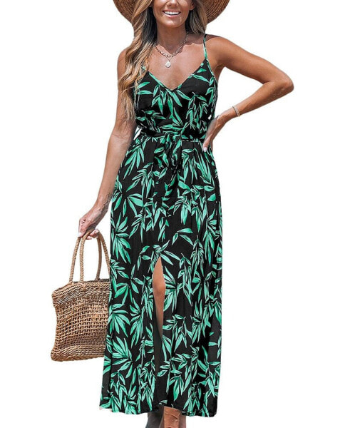 Women's Leaf Print Belted Maxi Beach Dress