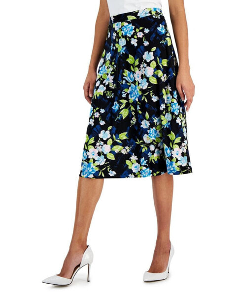 Petite Floral Flared Pull-On Midi Skirt