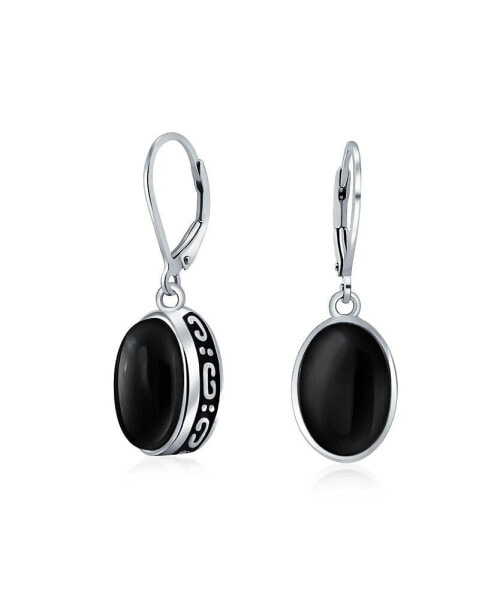 Simple Western Style 3.2CT Dyed Black Onyx Dome Oval Bezel Set Lever Back Dangle Earrings For Women .925 Sterling Silver