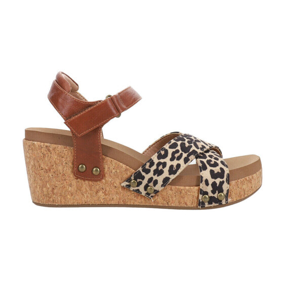 Corkys Kindle Leopard Ankle Strap Wedge Womens Brown Casual Sandals 41-0270-CGL