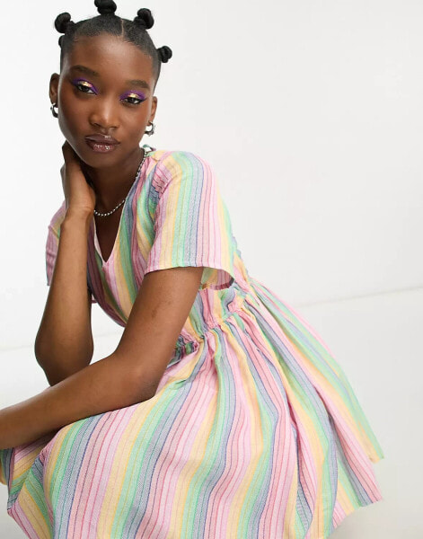 Daisy Street linen mini smock dress in rainbow stripe