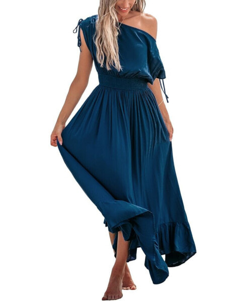 Women's Blue Off-Shoulder Flounce Hem Midi Beach Dress