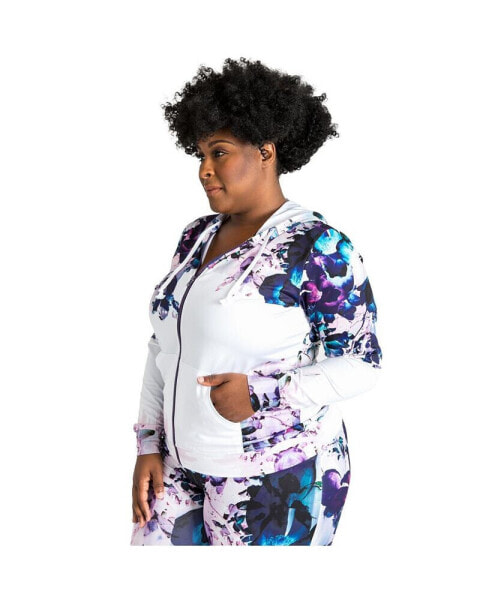 Women's Plus Size Curvy-Fit Zip-Up Floral Print Poly Tricot Hoodie