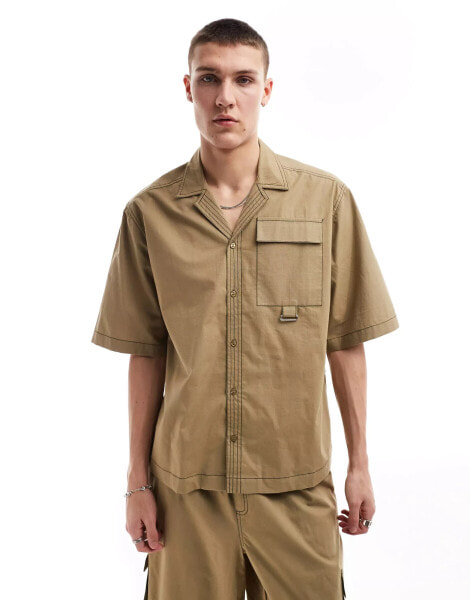 COLLUSION ripstop boxy revere shirt with contrast stitch co-ord in khaki