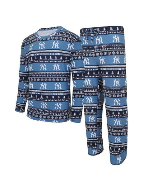 Men's Navy New York Yankees Knit Ugly Sweater Long Sleeve Top and Pants Set