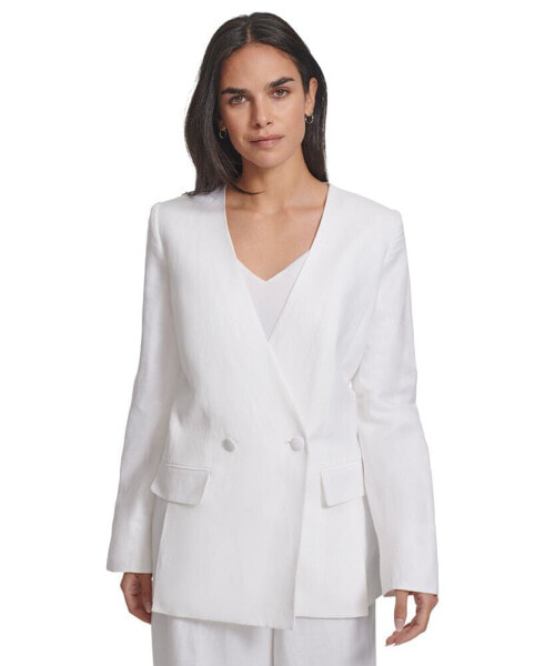 Women's Collarless Linen Double Breasted Blazer