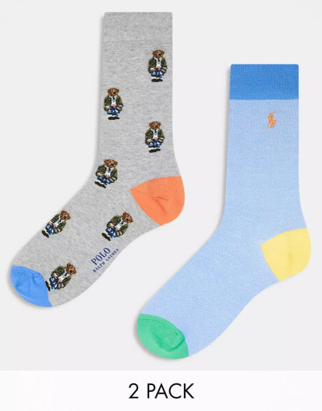 Polo Ralph Lauren 2 pack socks with all over bear logo in grey blue