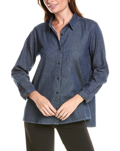 Eileen Fisher Classic Collar Long Shirt Women's Blue Pp