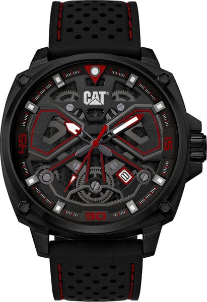 Мужские наручные часы с черным кожаным ремешком CATERPILLAR CAT 'Tokyo' Men Watch, 44mm case, Black face, Stainless Steel case, Silicone Strap, Black/Red dial (AJ.161.21.128)