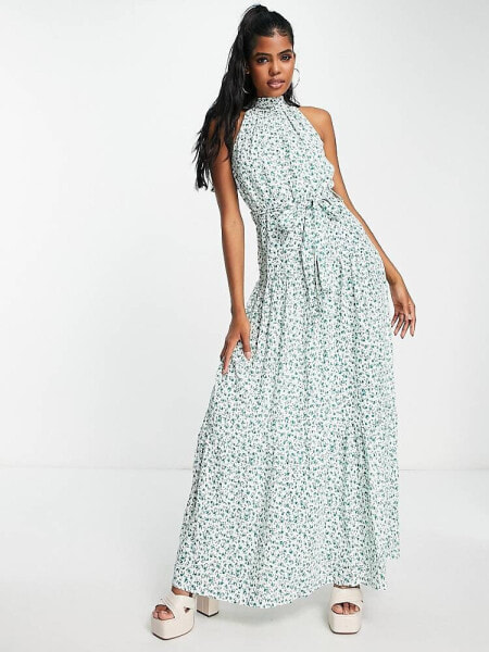 Style Cheat high neck tiered midaxi dress in green floral