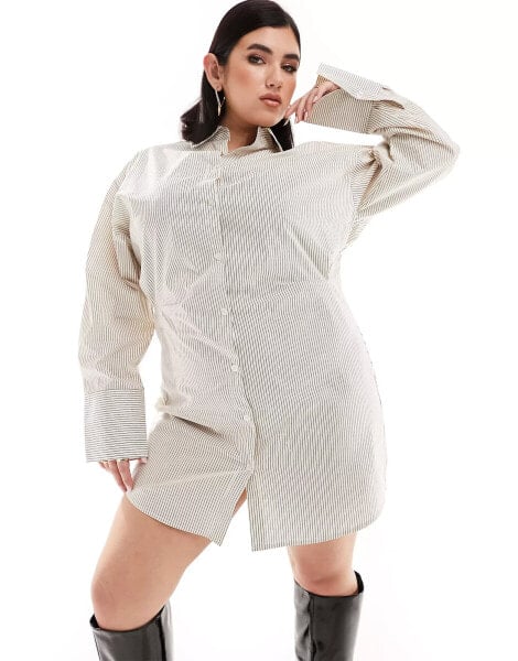 In The Style Plus cinched waist mini shirt dress in white pinstripe