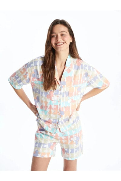 LCW DREAM Gömlek Yaka Desenli Kısa Kollu Kadın Şortlu Pijama Takımı