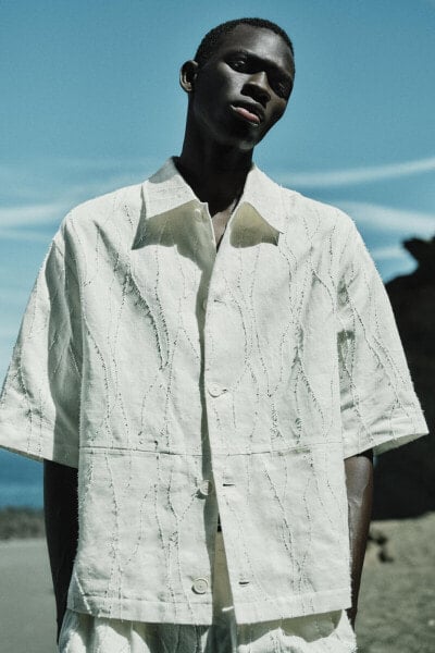 100% linen irregular textured overshirt