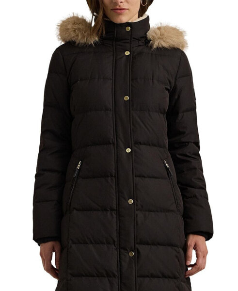 Petite Faux-Fur-Trim Hooded Puffer Coat