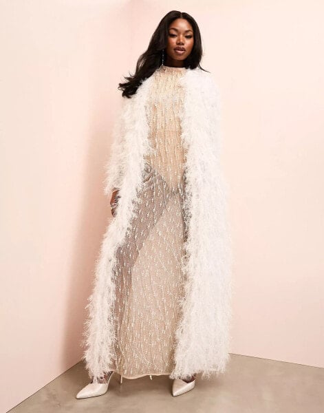 ASOS LUXE faux feather longline duster coat in white