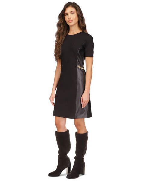 Women's Faux-Leather Mixed-Media Chain Dress