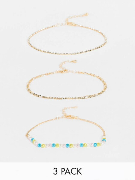 Topshop pack of 3 bead and chain bracelets in gold 