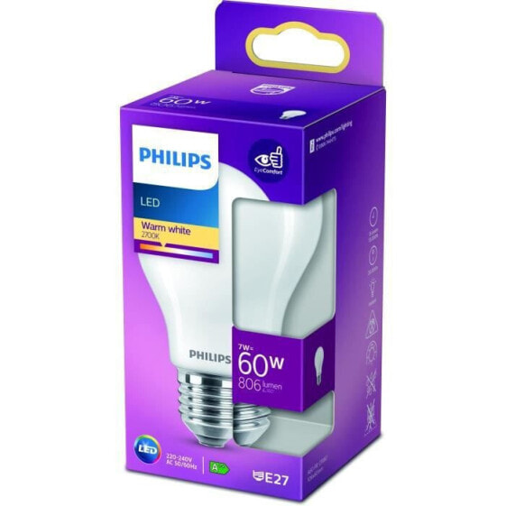 Philips LED-Lampe quivalent 60W E27 Warmwei Nicht dimmbar, Kunststoff