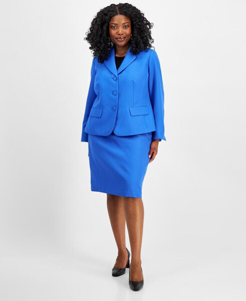 Plus Size Textured Three-Button Jacket & Skirt Suit