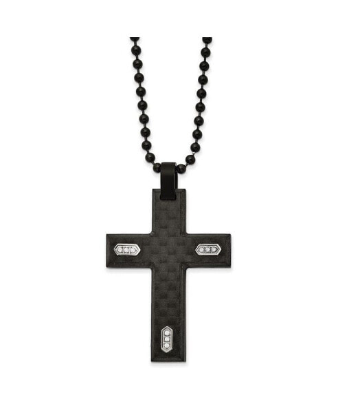 Chisel brushed Black Carbon Fiber CZ Cross Pendent Ball Chain Necklace