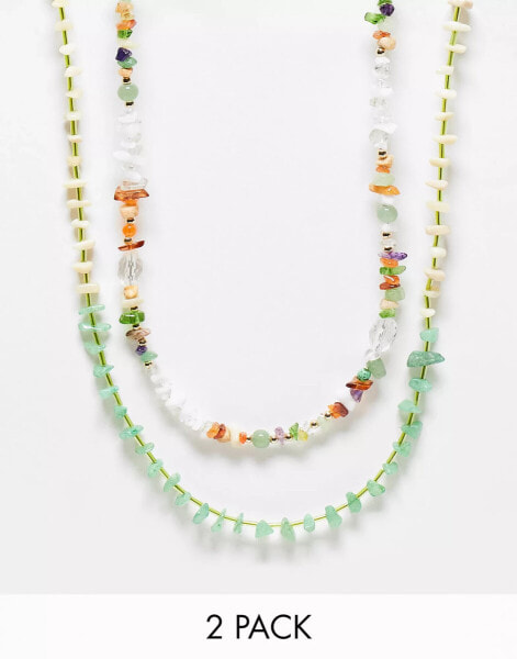 ASOS DESIGN 2 pack beaded necklace set with semi precious chips in multi