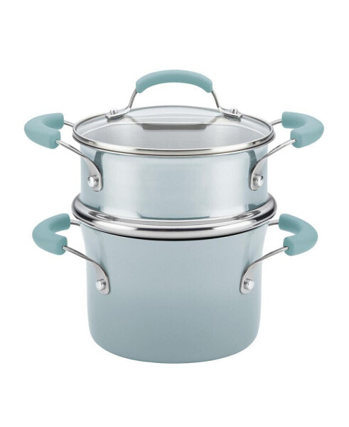 Cucina Hard Enamel Nonstick Sauce Pot and Steamer Insert Set, 3-Quart, Agave Blue