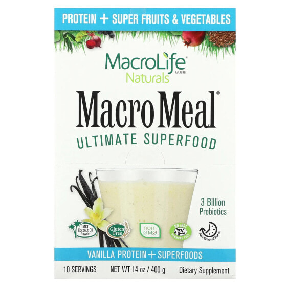 Растительный протеин Macrolife Naturals MacroMeal, Ultimate Superfood, Ваниль, 10 пакетов, 40 г каждый.