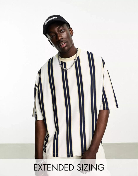 ASOS DESIGN oversized vertical stripe t-shirt in white and beige