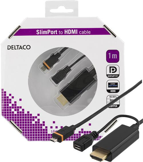 Deltaco SLIM-1002-K - 1 m - HDMI + USB - Male/Female - Male - Straight - Straight