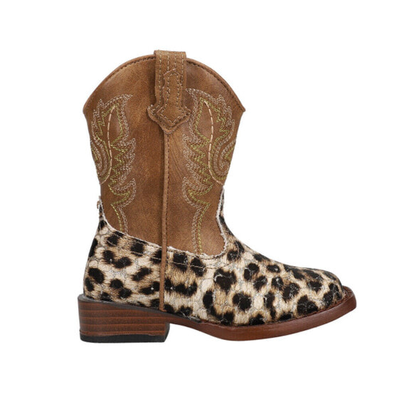 Roper Glitter Leopard Square Toe Cowboy Youth Girls Brown Casual Boots 09-017-1