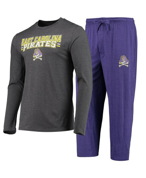 Men's Purple, Heathered Charcoal Distressed ECU Pirates Meter Long Sleeve T-shirt and Pants Sleep Set