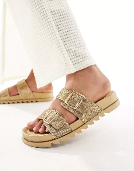 Glamorous rhinestone double strap slides in gold